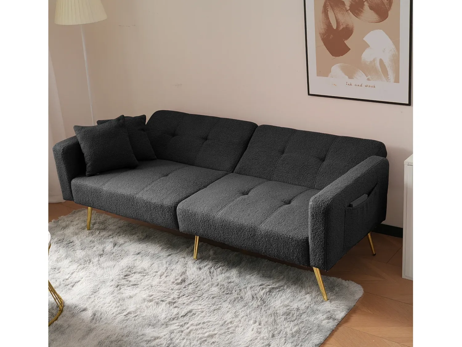 Sofá*Hauss Spole Sofá-cama reto de 2 lugares em sherpa cinza, encosto dobrável em 3 posições - 175x64x72cm Cinzento