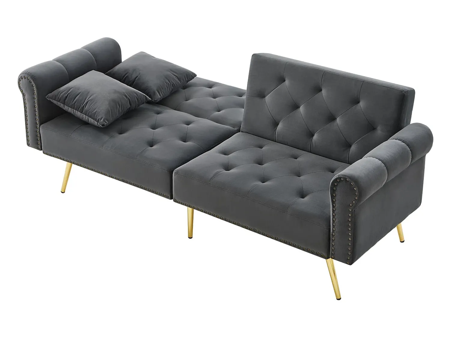 Sofá*Hauss Spole Sofá-cama reto de 2 lugares em veludo cinza, encosto rebatível em 3 posições - 173x75x70cm Cinzento