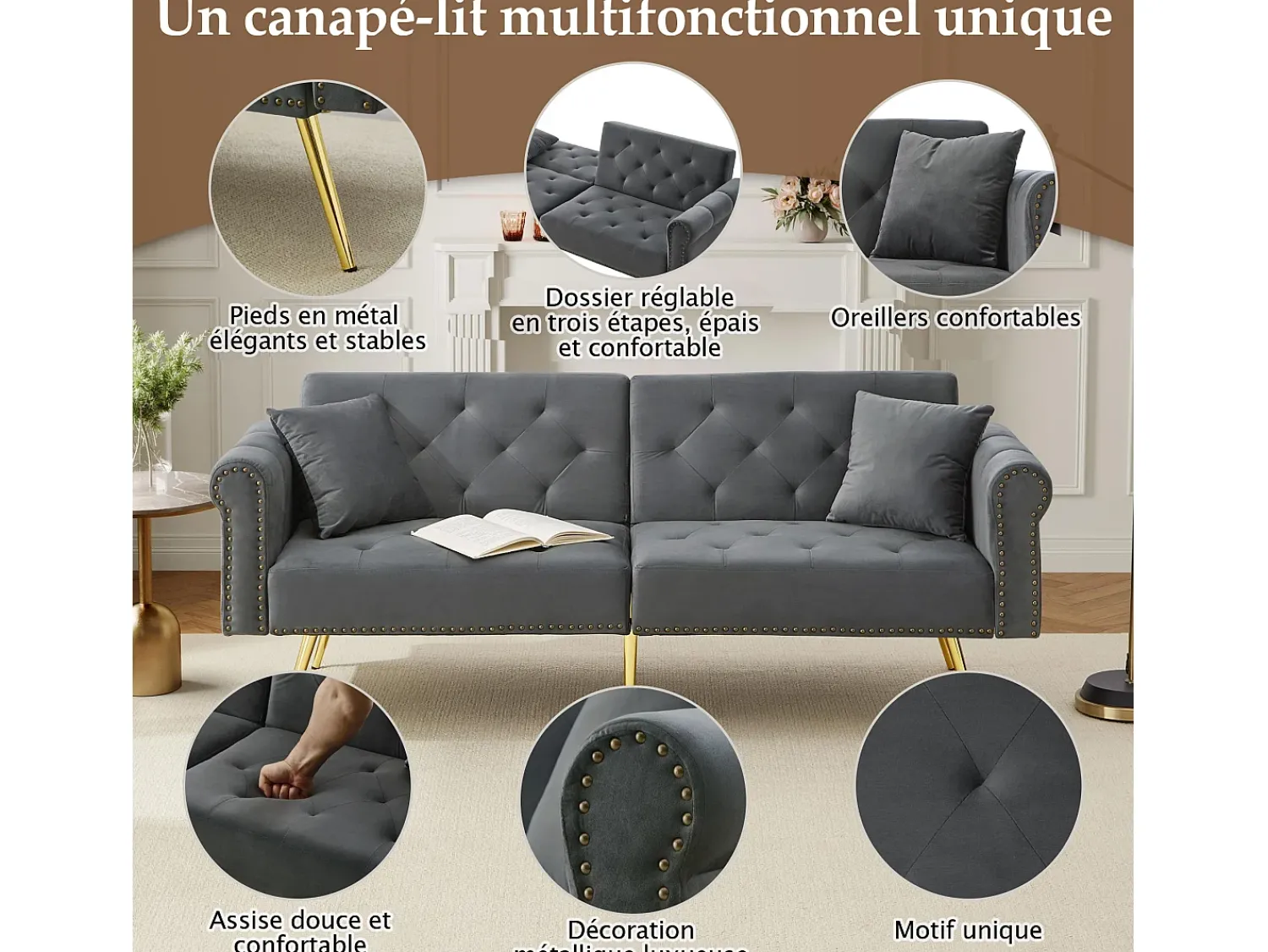 Sofá*Hauss Spole Sofá-cama reto de 2 lugares em veludo cinza, encosto rebatível em 3 posições - 173x75x70cm Cinzento