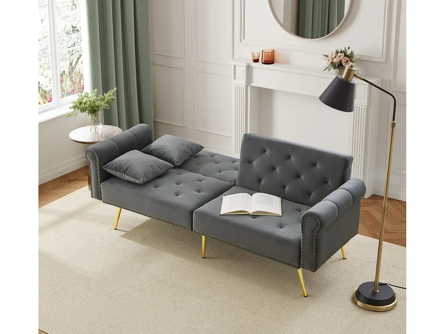 Sofá*Hauss Spole Sofá-cama reto de 2 lugares em veludo cinza, encosto rebatível em 3 posições - 173x75x70cm Cinzento