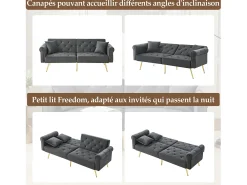 Sofá*Hauss Spole Sofá-cama reto de 2 lugares em veludo cinza, encosto rebatível em 3 posições - 173x75x70cm Cinzento