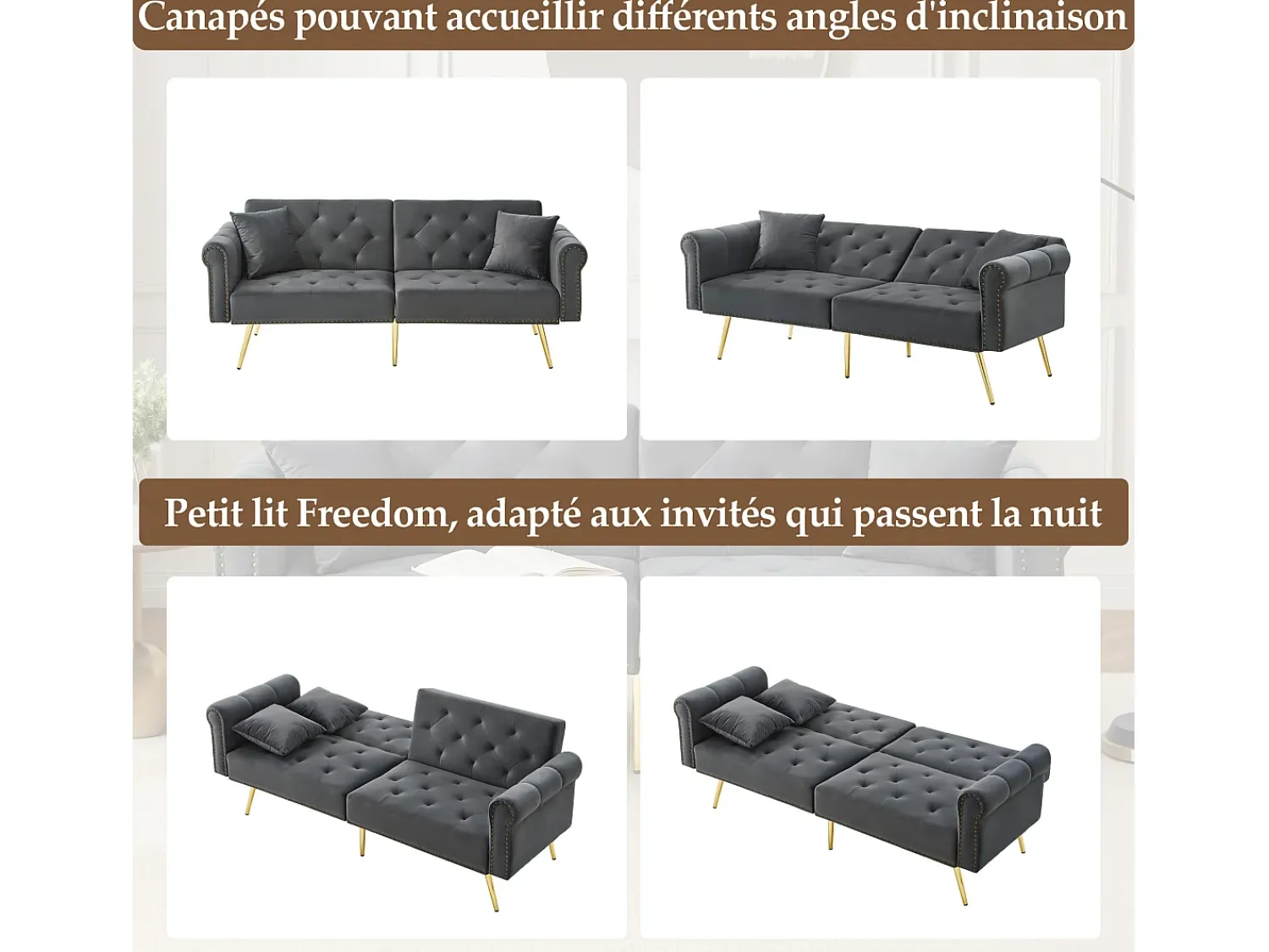 Sofá*Hauss Spole Sofá-cama reto de 2 lugares em veludo cinza, encosto rebatível em 3 posições - 173x75x70cm Cinzento