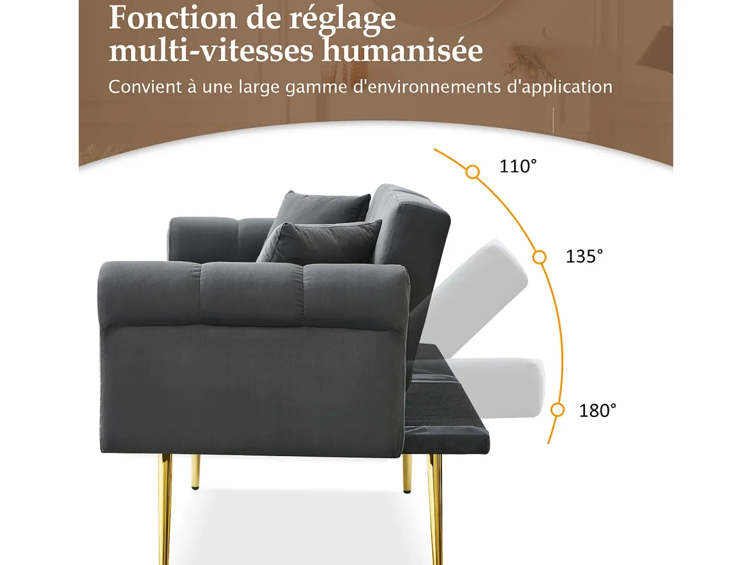 Sofá*Hauss Spole Sofá-cama reto de 2 lugares em veludo cinza, encosto rebatível em 3 posições - 173x75x70cm Cinzento