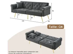 Sofá*Hauss Spole Sofá-cama reto de 2 lugares em veludo cinza, encosto rebatível em 3 posições - 173x75x70cm Cinzento