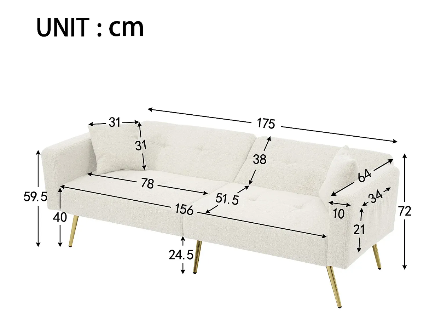 Sofá|Hauss Spole Sofá-cama reto de 2 lugares em sherpa branca, encosto dobrável em 3 posições - 175x64x72cm Branco