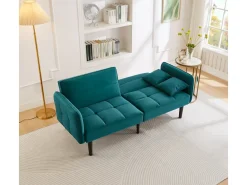 Best Hauss Spole Sofá-cama reto de 2 lugares em veludo verde com pés de madeira preta, encosto dobrável - 176x78x76cm Verde esmeralda