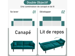 Best Hauss Spole Sofá-cama reto de 2 lugares em veludo verde com pés de madeira preta, encosto dobrável - 176x78x76cm Verde esmeralda