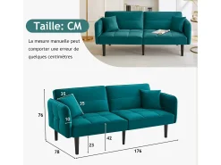 Best Hauss Spole Sofá-cama reto de 2 lugares em veludo verde com pés de madeira preta, encosto dobrável - 176x78x76cm Verde esmeralda