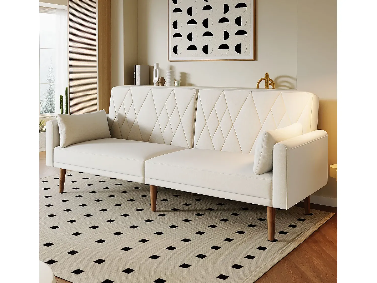 Sofá*Hauss Spole Sofá-cama reto de 2 lugares em veludo , 2 almofadas incluídas - 180x75x82cm Bege