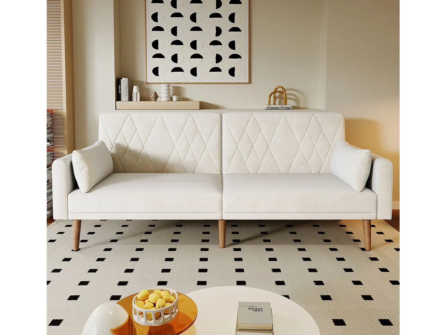 Sofá*Hauss Spole Sofá-cama reto de 2 lugares em veludo , 2 almofadas incluídas - 180x75x82cm Bege