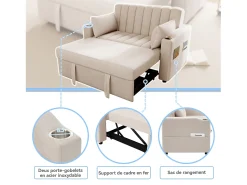 Sofá|Merax Sofá-cama retrátil - 100 x 160 cm - casal com encosto regulável + com porta + copa e almofadas - Bege