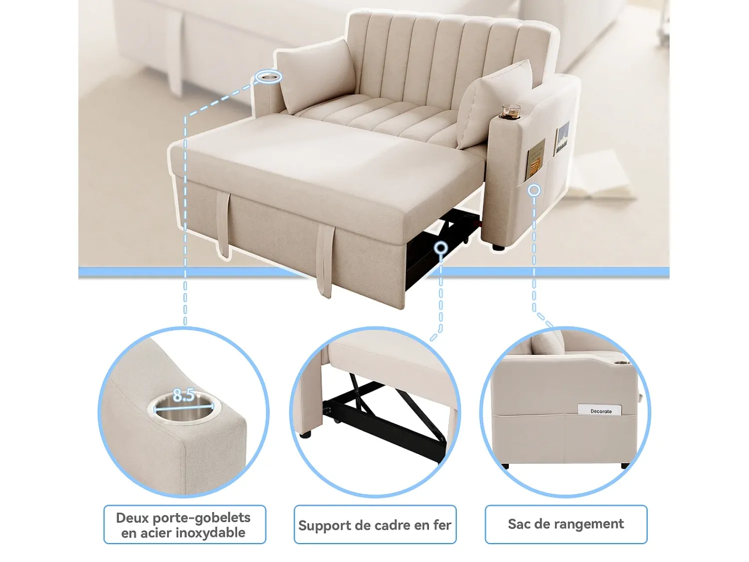 Sofá|Merax Sofá-cama retrátil - 100 x 160 cm - casal com encosto regulável + com porta + copa e almofadas - Bege