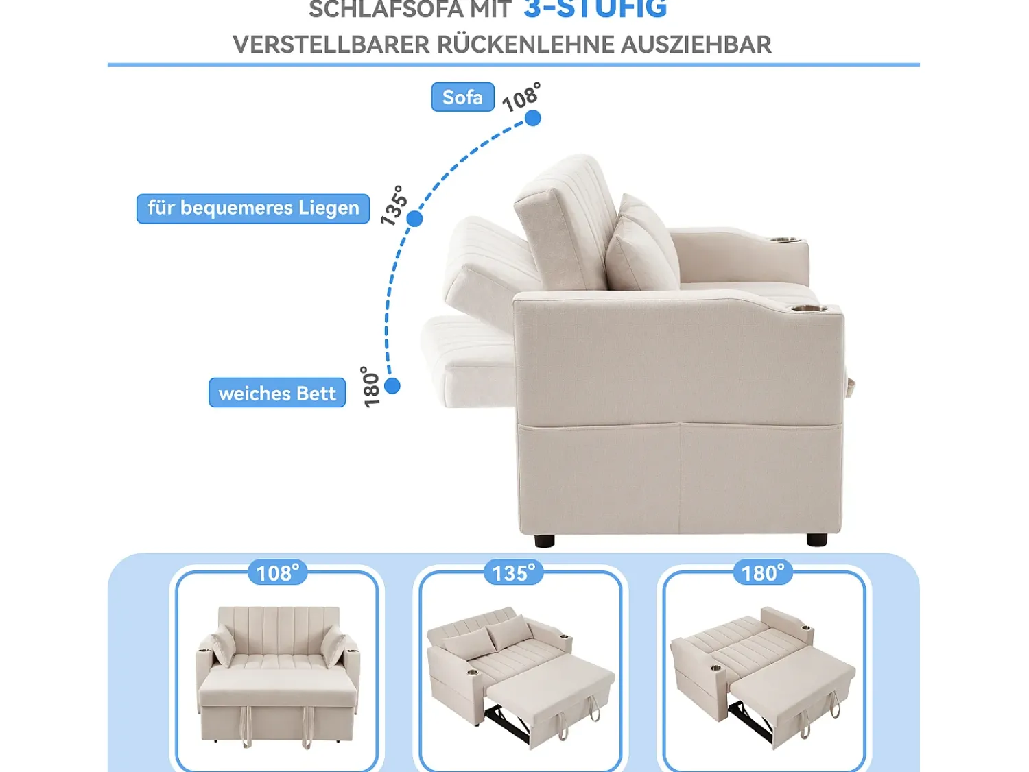 Sofá|Merax Sofá-cama retrátil - 100 x 160 cm - casal com encosto regulável + com porta + copa e almofadas - Bege