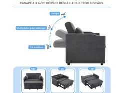 Merax Sofá-cama retrátil - 100 x 160 cm - casal com encosto regulável + com porta + copa e almofadas - Cinzento