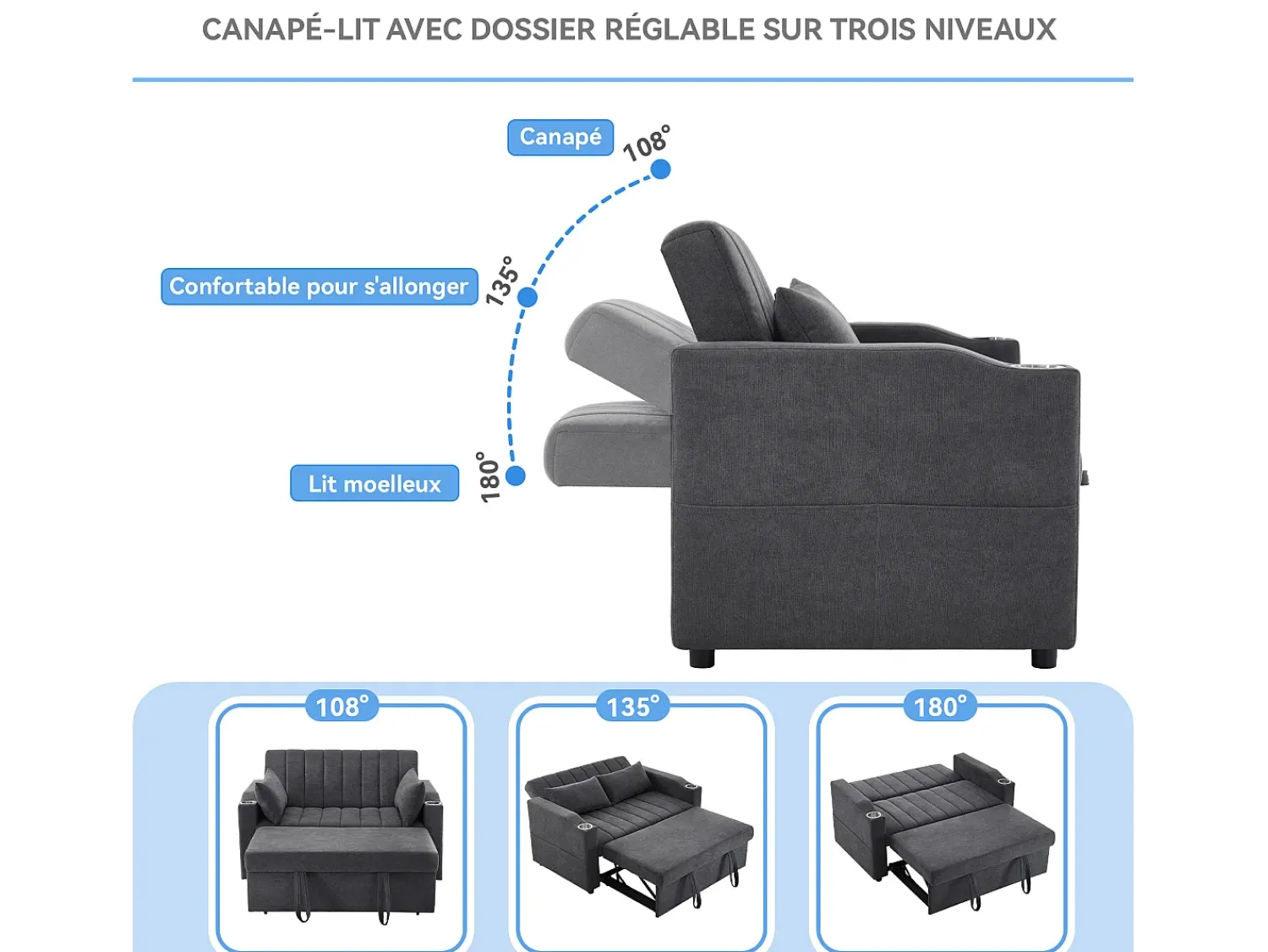 Merax Sofá-cama retrátil - 100 x 160 cm - casal com encosto regulável + com porta + copa e almofadas - Cinzento