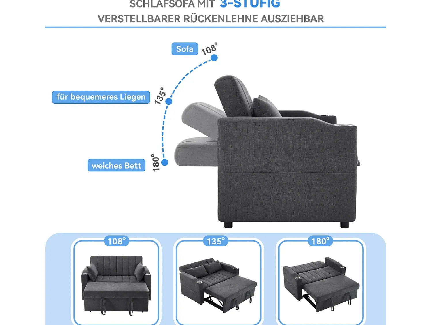 Merax Sofá-cama retrátil - 100 x 160 cm - casal com encosto regulável + com porta + copa e almofadas - Cinzento