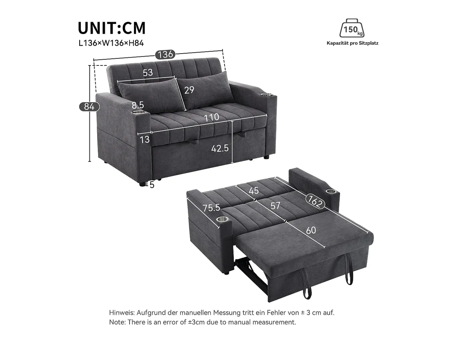 Merax Sofá-cama retrátil - 100 x 160 cm - casal com encosto regulável + com porta + copa e almofadas - Cinzento