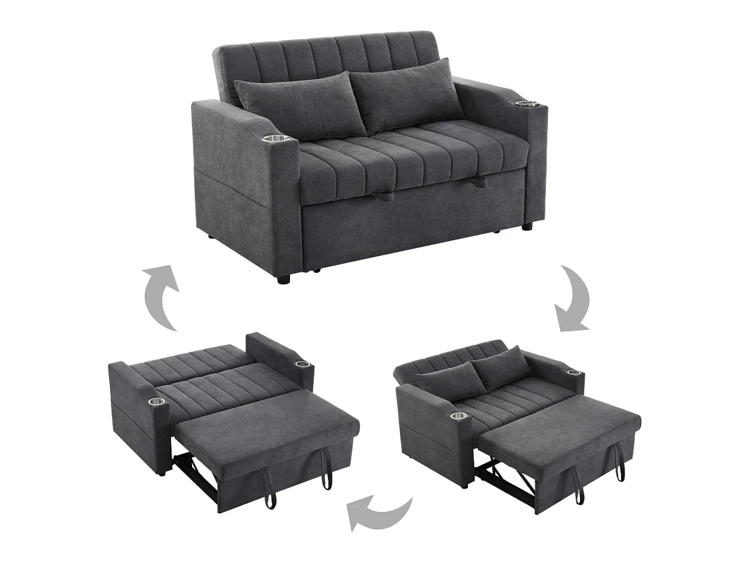 Merax Sofá-cama retrátil - 100 x 160 cm - casal com encosto regulável + com porta + copa e almofadas - Cinzento