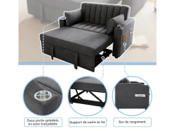 Merax Sofá-cama retrátil - 100 x 160 cm - casal com encosto regulável + com porta + copa e almofadas - Cinzento