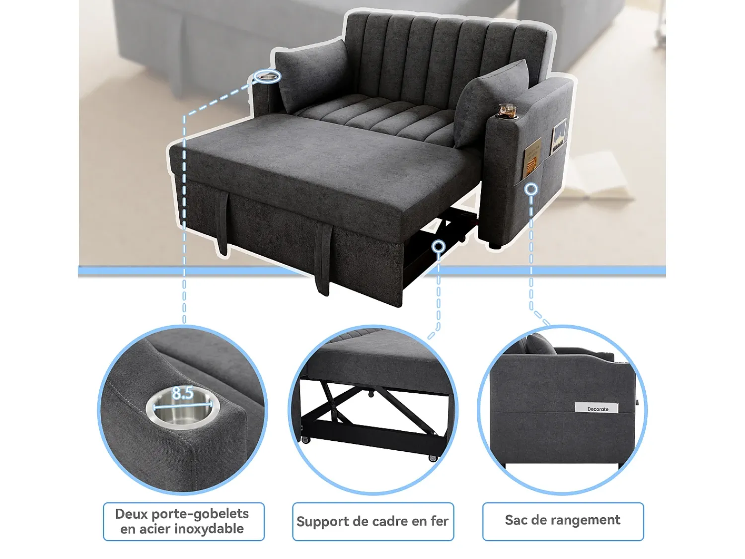 Merax Sofá-cama retrátil - 100 x 160 cm - casal com encosto regulável + com porta + copa e almofadas - Cinzento