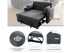 Merax Sofá-cama retrátil - 100 x 160 cm - casal com encosto regulável + com porta + copa e almofadas - Cinzento