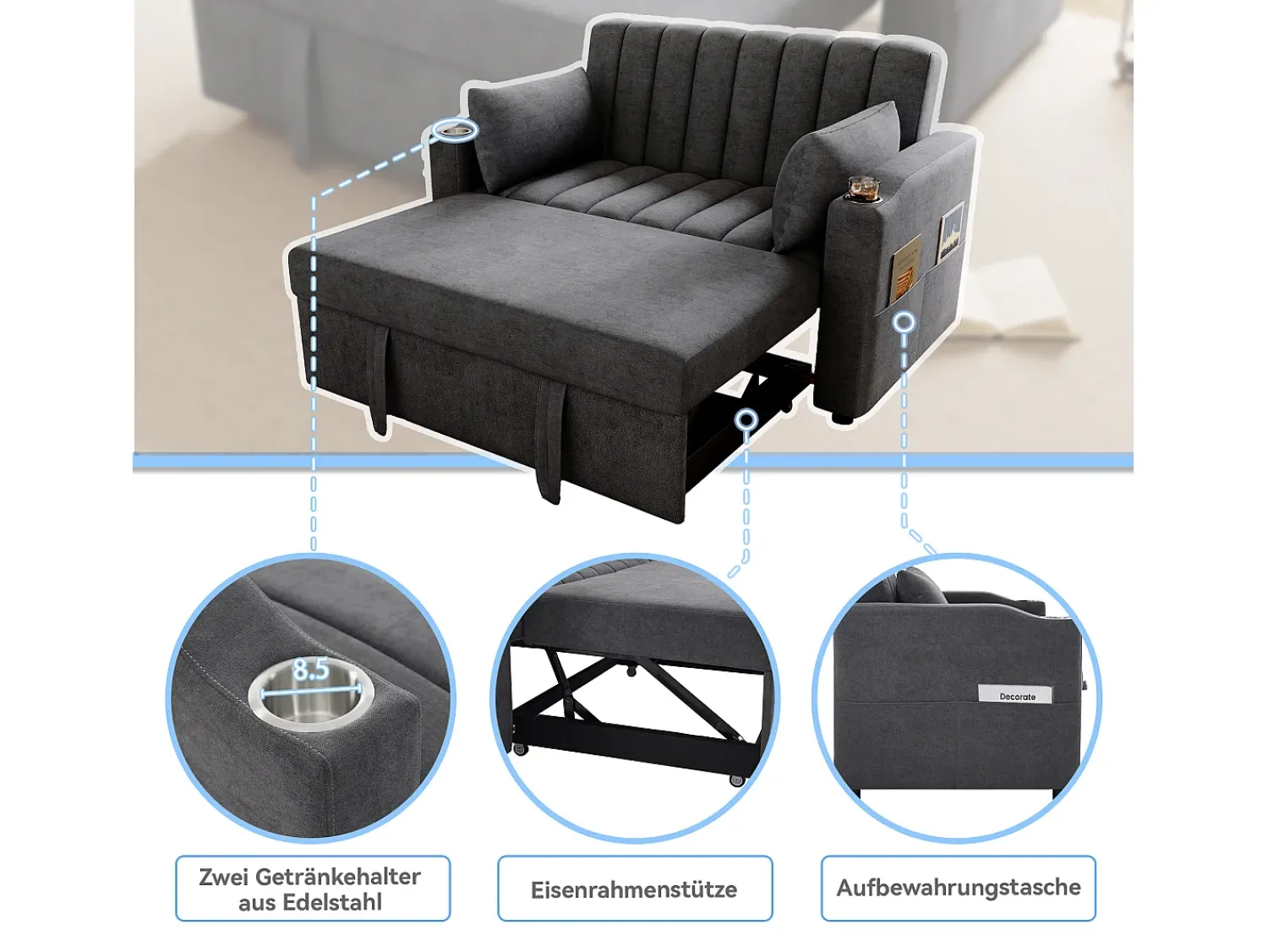 Merax Sofá-cama retrátil - 100 x 160 cm - casal com encosto regulável + com porta + copa e almofadas - Cinzento