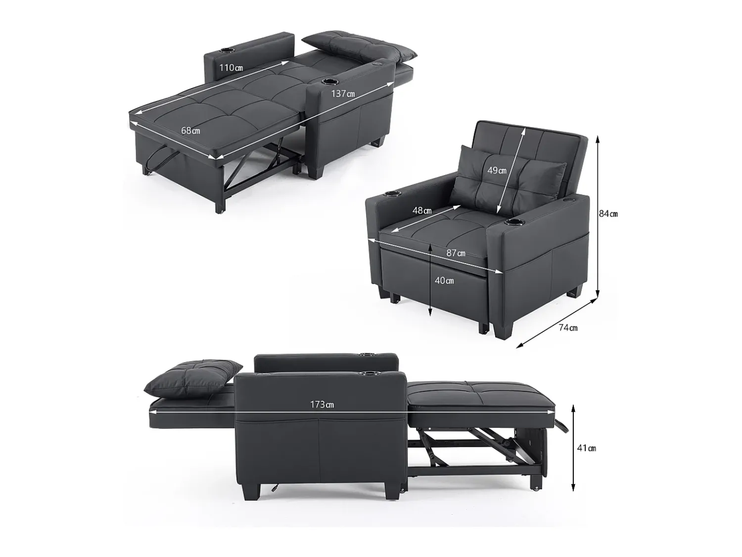 Discount Sofá-cama retrátil 3 em 1 com porta-copos e porta USB, sofá-cama ajustável como poltrona ou cama, economizando espaço em cômodos pequenos Preto
