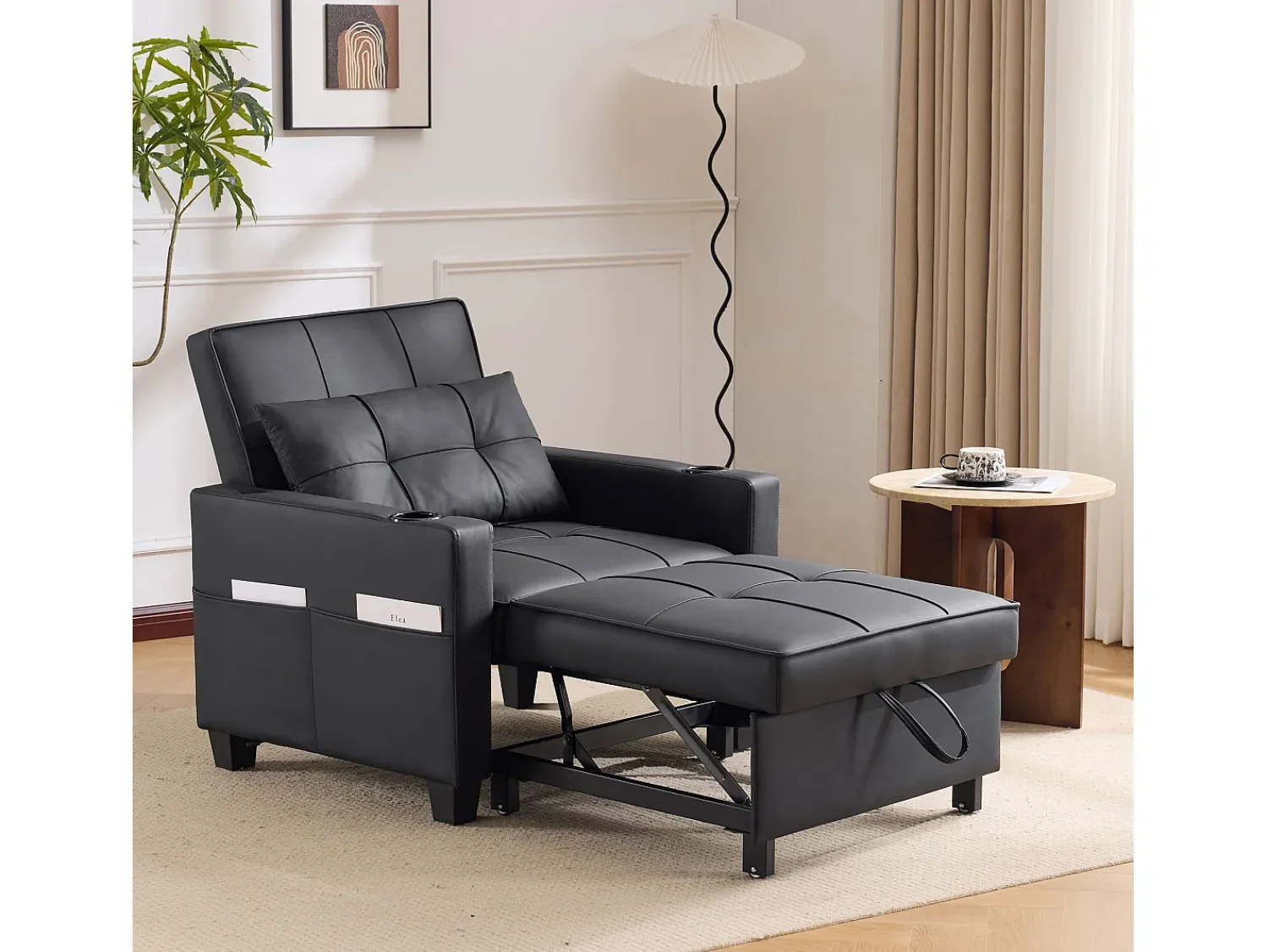 Discount Sofá-cama retrátil 3 em 1 com porta-copos e porta USB, sofá-cama ajustável como poltrona ou cama, economizando espaço em cômodos pequenos Preto