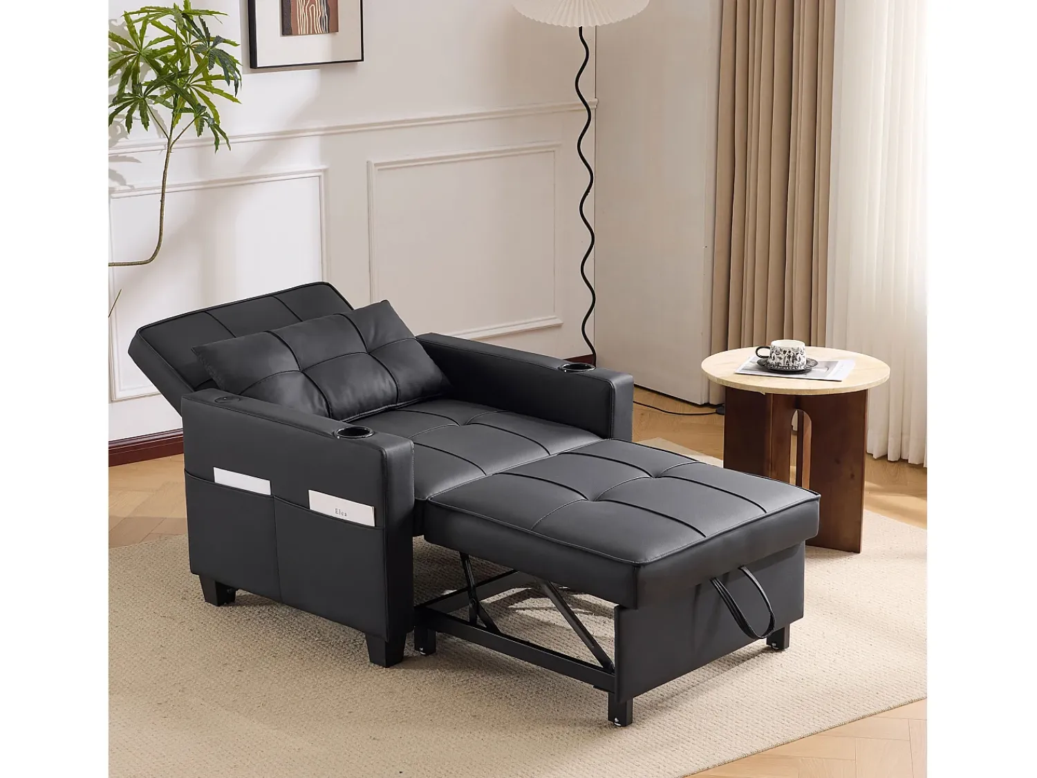 Discount Sofá-cama retrátil 3 em 1 com porta-copos e porta USB, sofá-cama ajustável como poltrona ou cama, economizando espaço em cômodos pequenos Preto