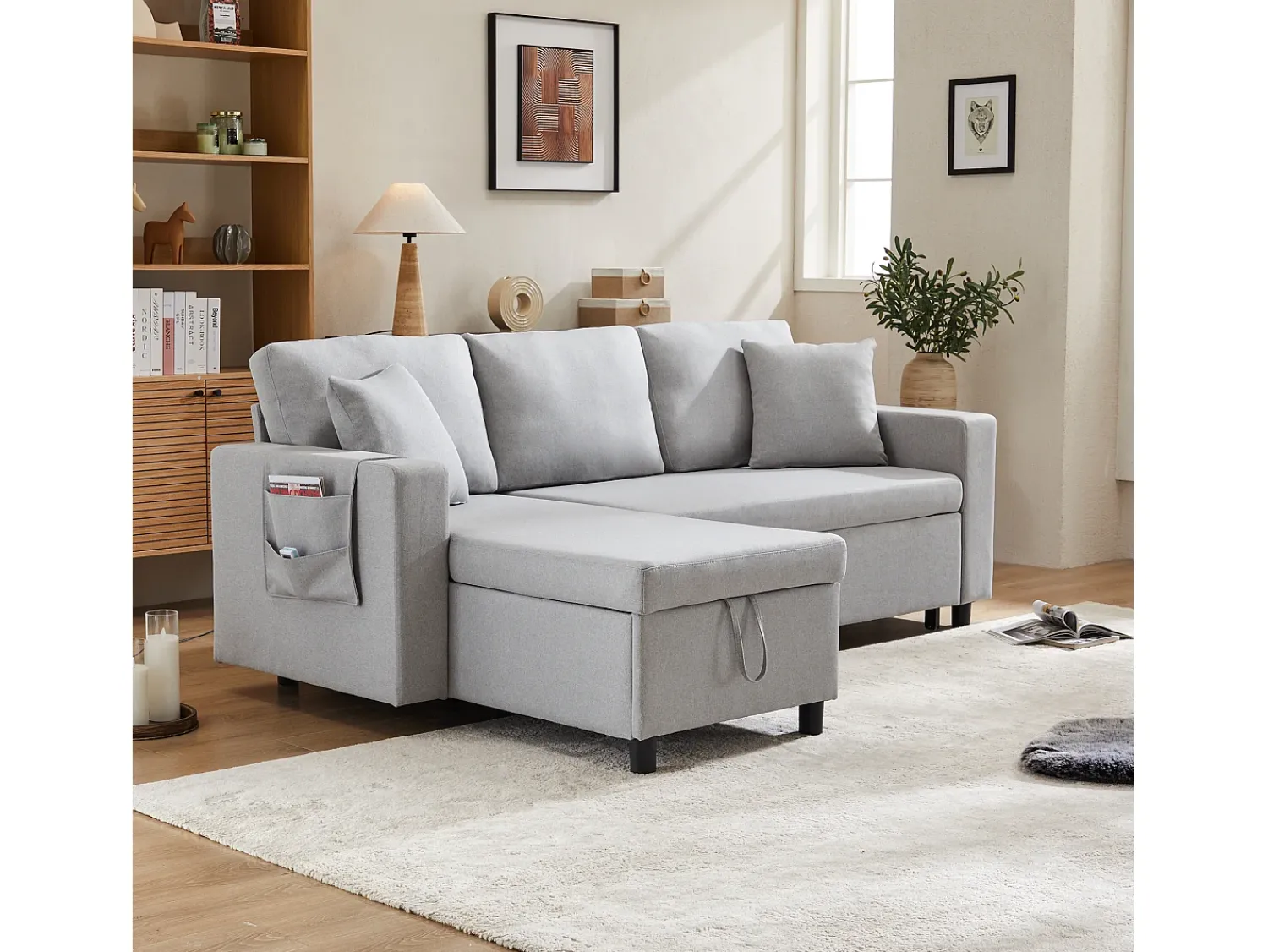 Sofá*KOMHTOM Sofá-cama, sofá em forma de L, espaço de arrumação, bolsos para copos, reversível, cinzento Cinzento claro