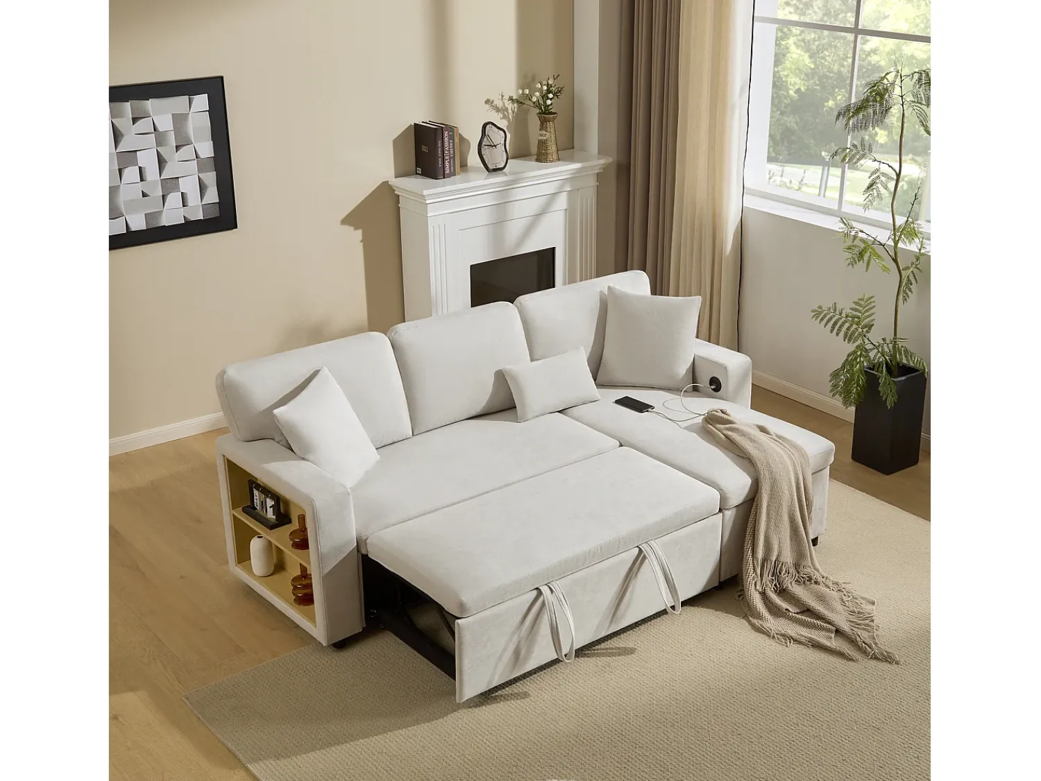 Clearance ModernLuxe Sofá-cama 215x133x85 cm - com porta USB - com armazenamento - com função de cama - Bege