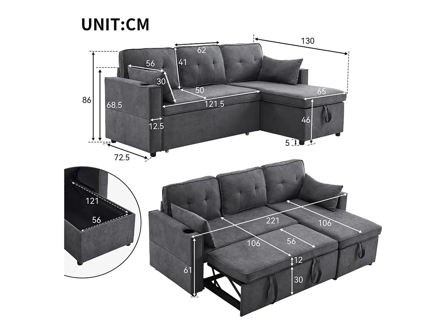 Sale KOMHTOM Sofás com função de dormir, sofás em L, móveis estofados, sofás, espreguiçadeiras com porta-copos, Preto
