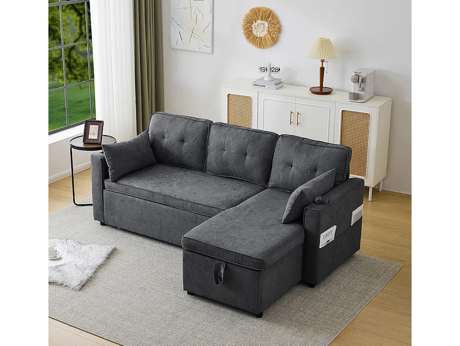 Sale KOMHTOM Sofás com função de dormir, sofás em L, móveis estofados, sofás, espreguiçadeiras com porta-copos, Preto