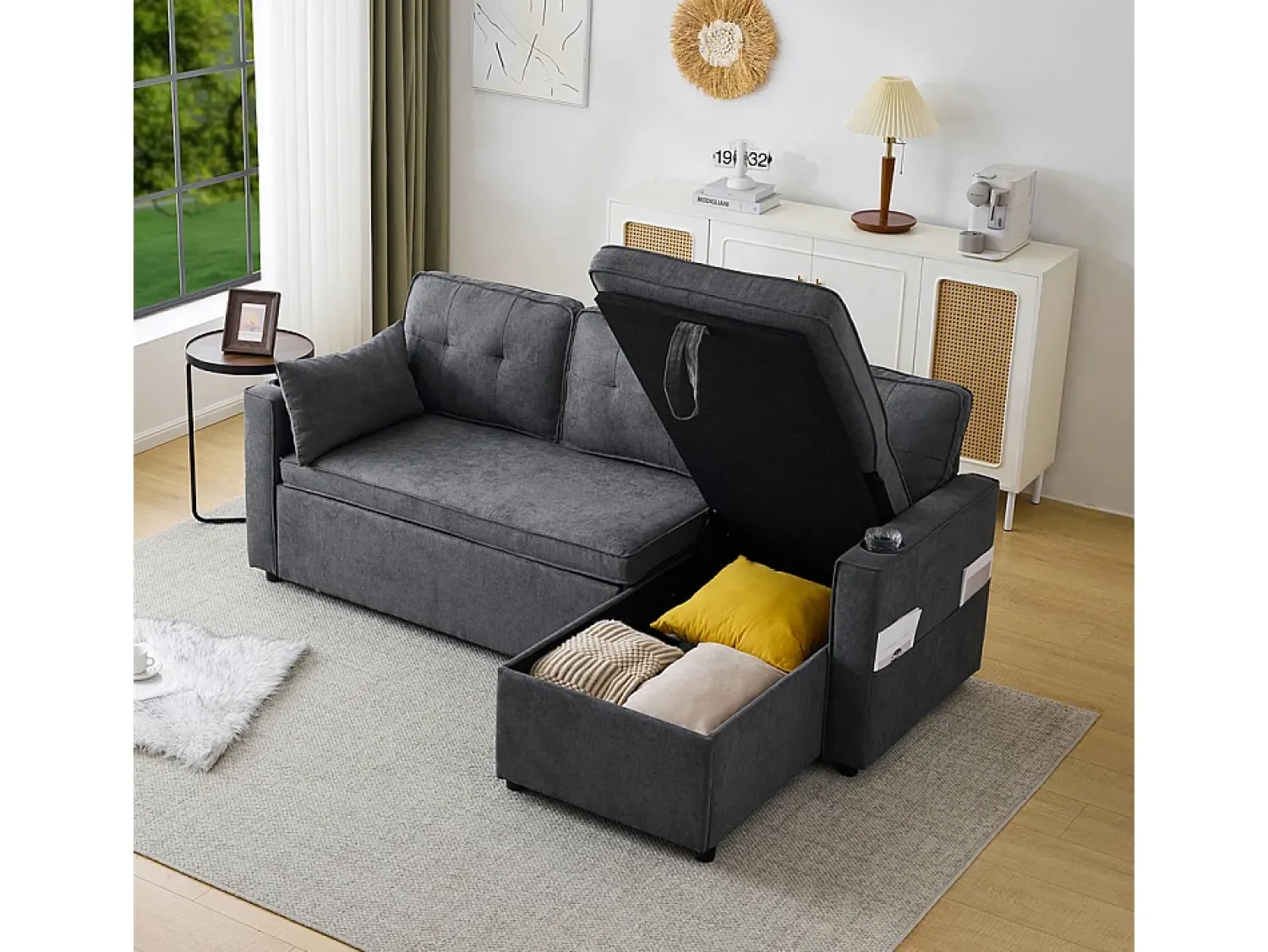 Sale KOMHTOM Sofás com função de dormir, sofás em L, móveis estofados, sofás, espreguiçadeiras com porta-copos, Preto