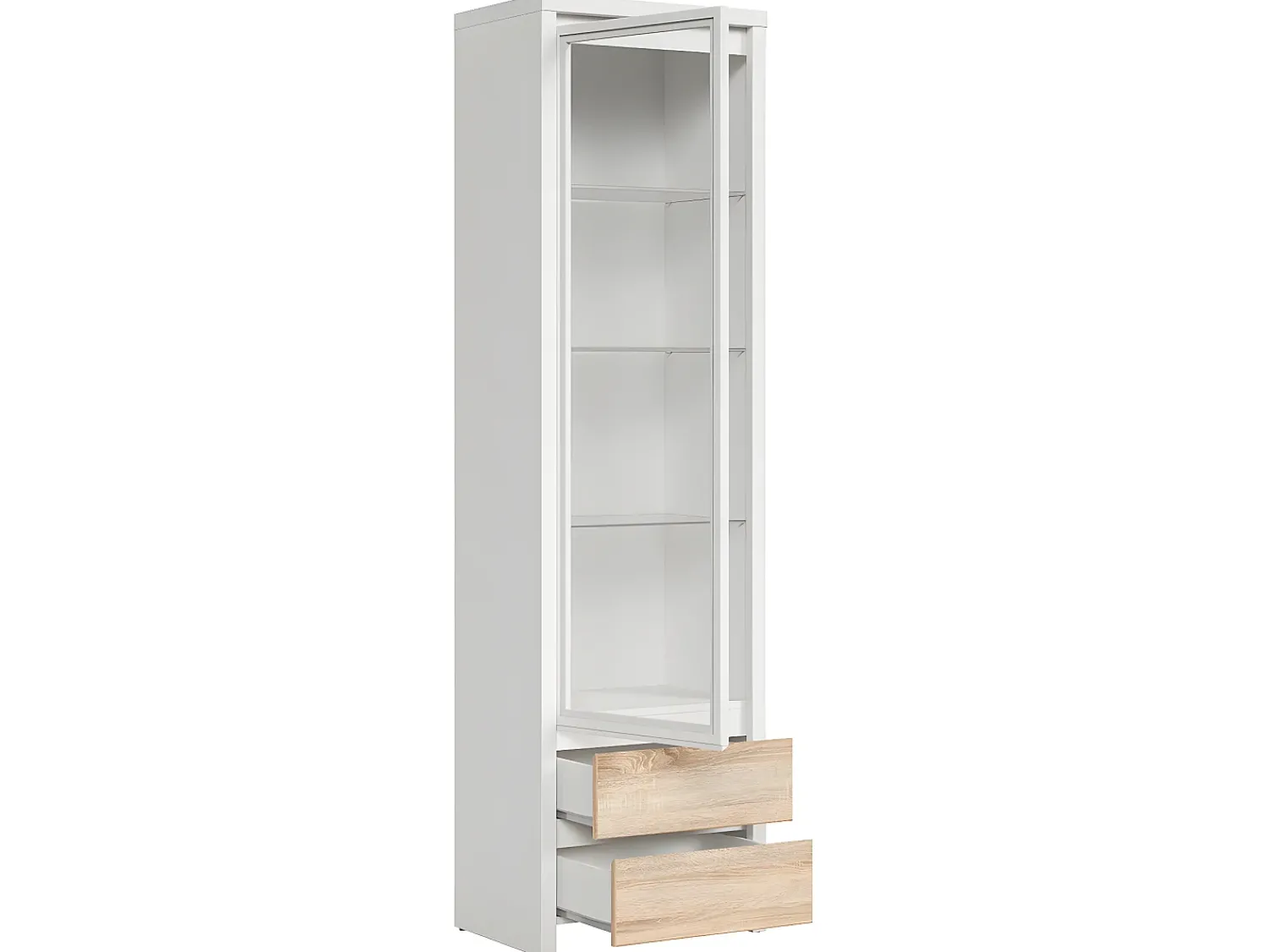 Vitrina*Petits-Meubles Soren Armário expositor branco e de madeira com 1 porta e 2 gavetas Natural claro / Branco