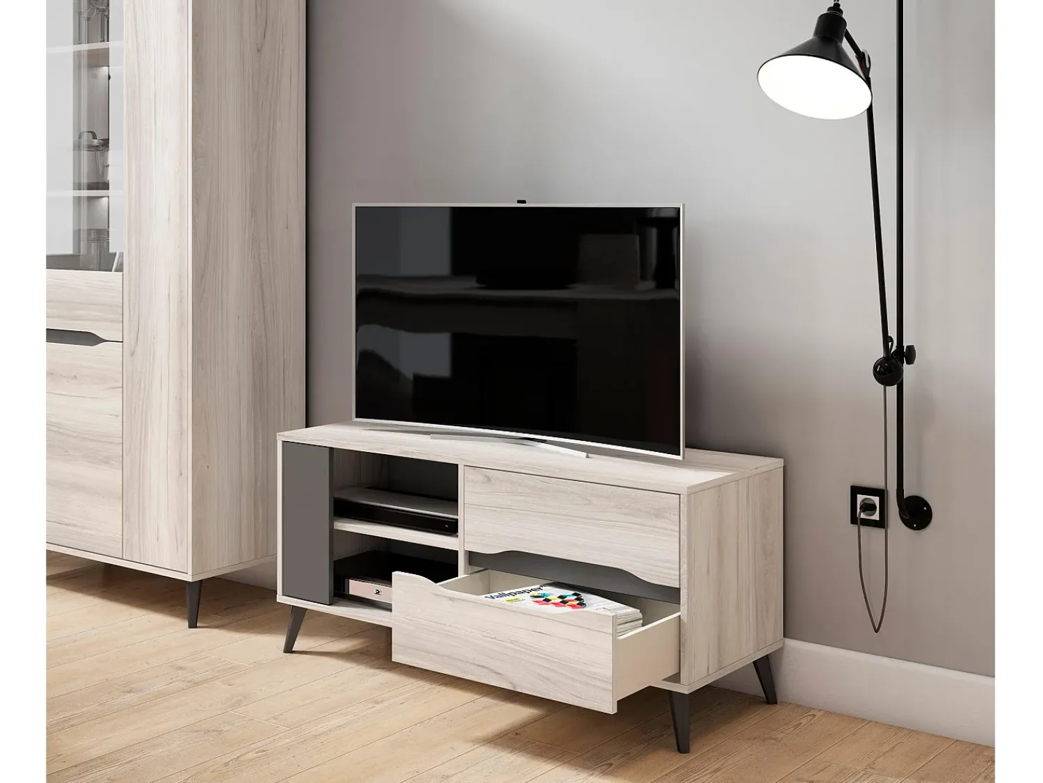 Skraut Home Stand TV 110 2 gavetas + 1 porta,modelo KAI, estrutura de cor carvalho, porta cor . Cinzento