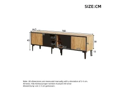Móvel De Tv| Suporte baixo para TV, 160 × 36,5 × 45 cm, cor madeira natural, 4 prateleiras, para TVs de até 65 polegadas, sala de estar. Preto