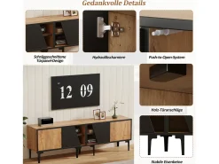 Móvel De Tv| Suporte baixo para TV, 160 × 36,5 × 45 cm, cor madeira natural, 4 prateleiras, para TVs de até 65 polegadas, sala de estar. Preto