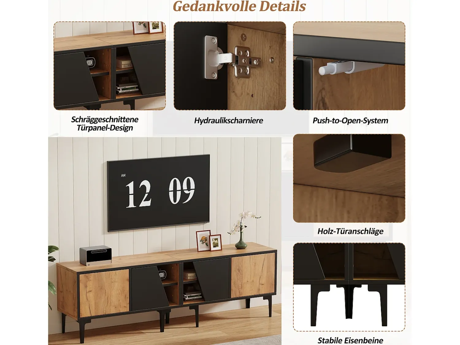 Móvel De Tv| Suporte baixo para TV, 160 × 36,5 × 45 cm, cor madeira natural, 4 prateleiras, para TVs de até 65 polegadas, sala de estar. Preto