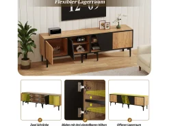 Móvel De Tv| Suporte baixo para TV, 160 × 36,5 × 45 cm, cor madeira natural, 4 prateleiras, para TVs de até 65 polegadas, sala de estar. Preto