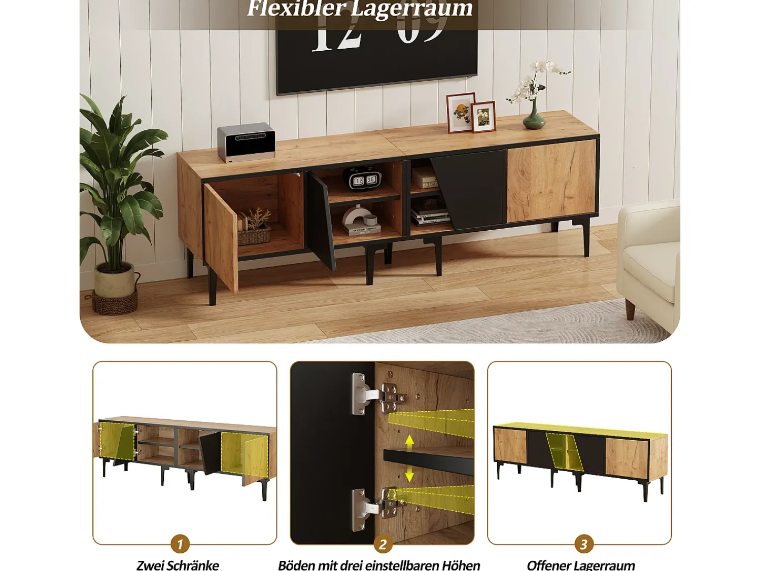 Móvel De Tv| Suporte baixo para TV, 160 × 36,5 × 45 cm, cor madeira natural, 4 prateleiras, para TVs de até 65 polegadas, sala de estar. Preto