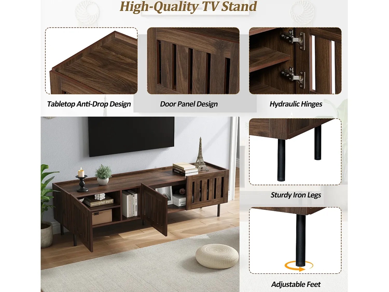 Móvel De Tv| Suporte baixo para TV, 160×40×47 cm, cor nogueira, design vazado, em MDF, para TVs de até 65 polegadas, para sala de estar. Castanho