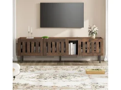 Móvel De Tv| Suporte baixo para TV, 160×40×47 cm, cor nogueira, design vazado, em MDF, para TVs de até 65 polegadas, para sala de estar. Castanho