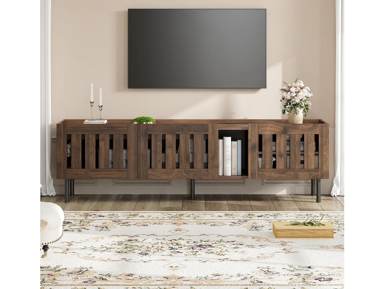 Móvel De Tv| Suporte baixo para TV, 160×40×47 cm, cor nogueira, design vazado, em MDF, para TVs de até 65 polegadas, para sala de estar. Castanho