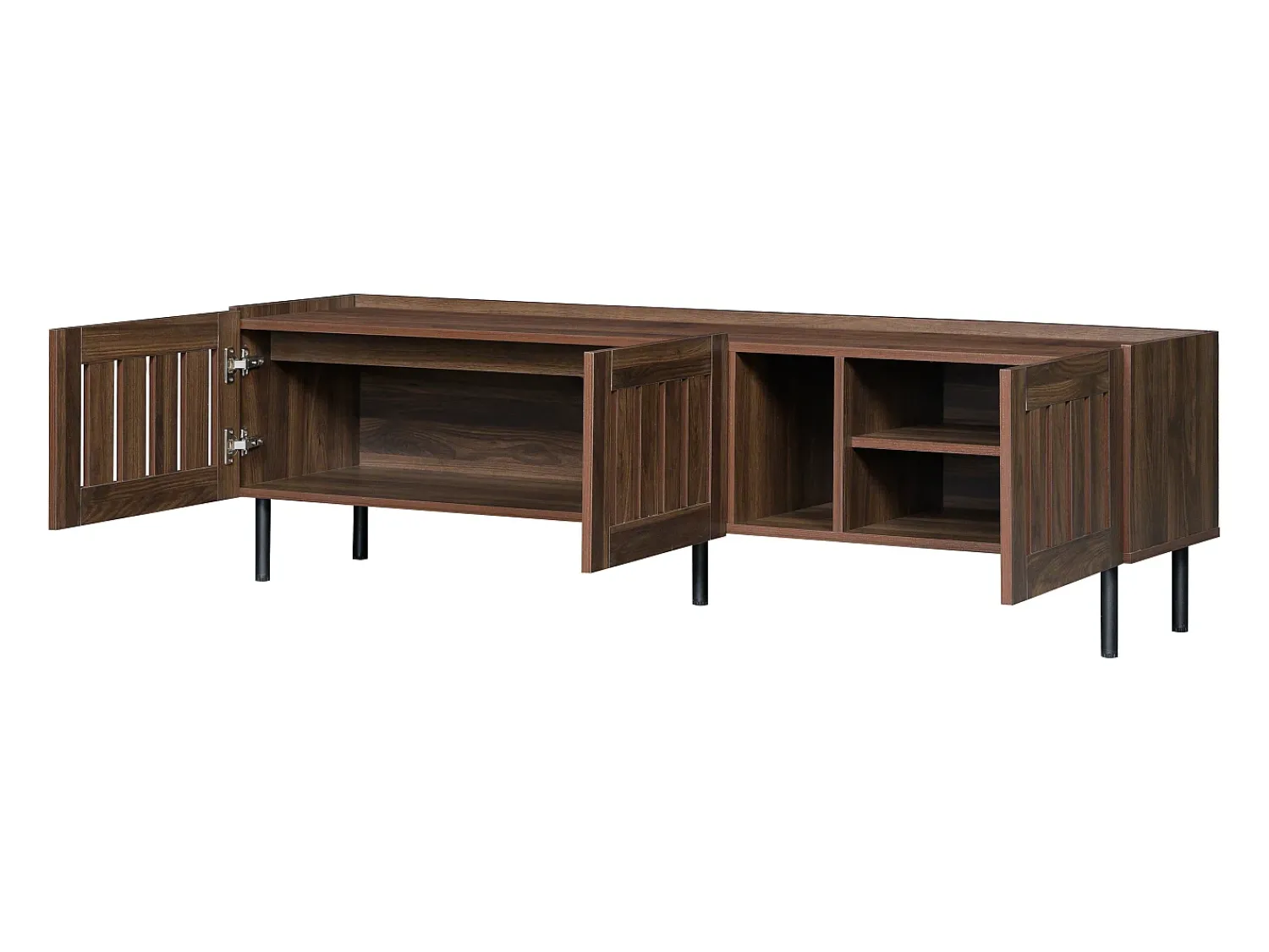 Móvel De Tv| Suporte baixo para TV, 160×40×47 cm, cor nogueira, design vazado, em MDF, para TVs de até 65 polegadas, para sala de estar. Castanho