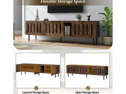 Móvel De Tv| Suporte baixo para TV, 160×40×47 cm, cor nogueira, design vazado, em MDF, para TVs de até 65 polegadas, para sala de estar. Castanho