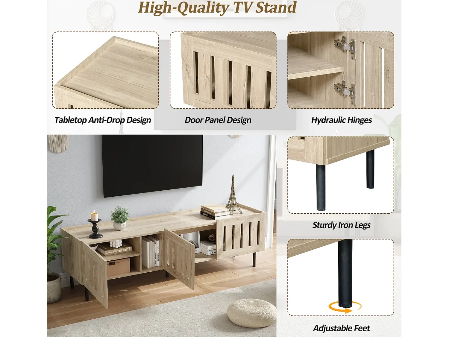 Móvel De Tv* Suporte baixo para TV, 160×40×47 cm, cor natural, design vazado, em MDF, para TVs de até 65 polegadas, para sala de estar. Natural claro