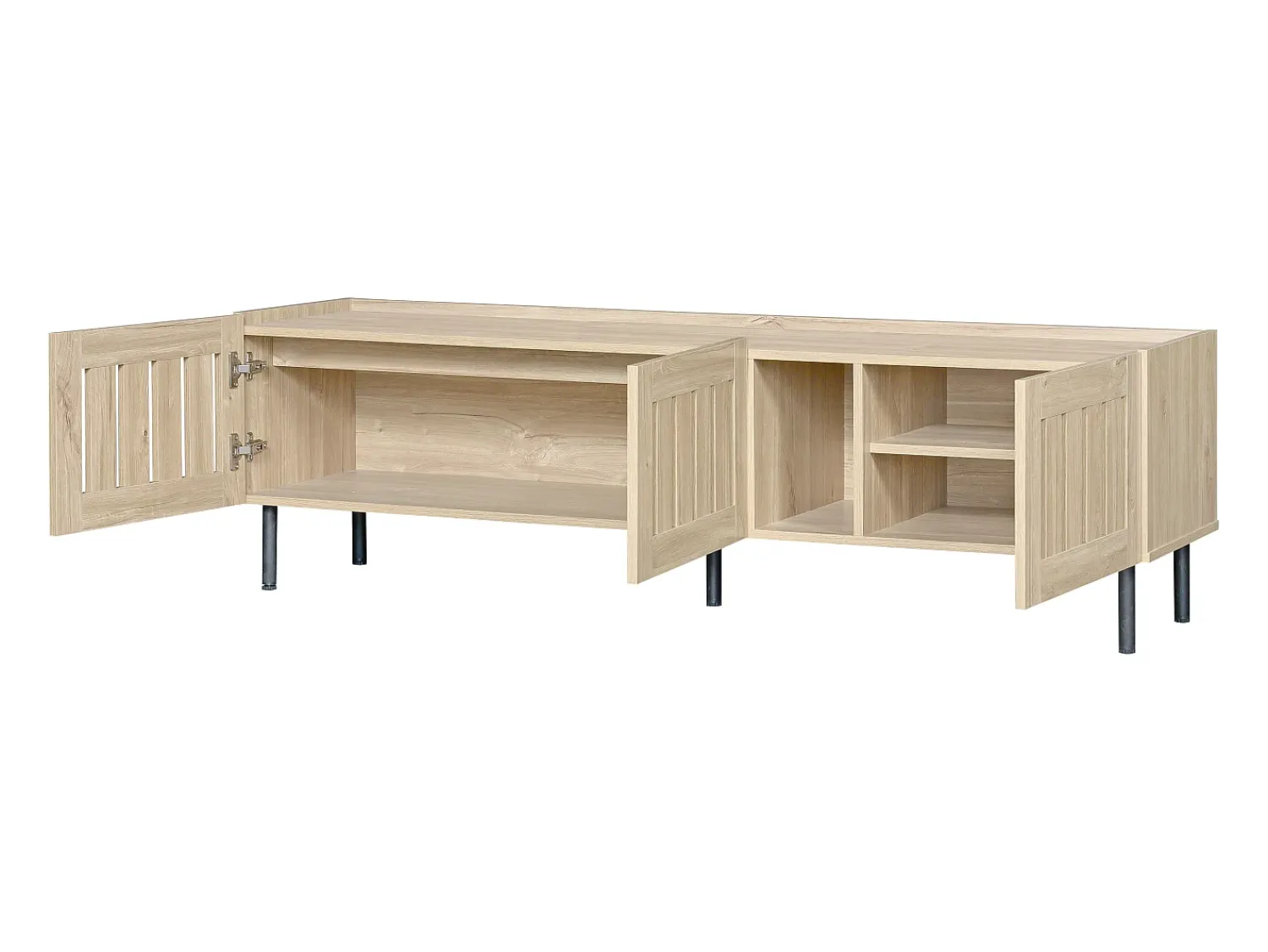 Móvel De Tv* Suporte baixo para TV, 160×40×47 cm, cor natural, design vazado, em MDF, para TVs de até 65 polegadas, para sala de estar. Natural claro