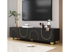 New Merax Suporte baixo para TV com portas texturizadas - 170 x 38 x 44 cm - com pés redondos dourados - aglomerado - Preto