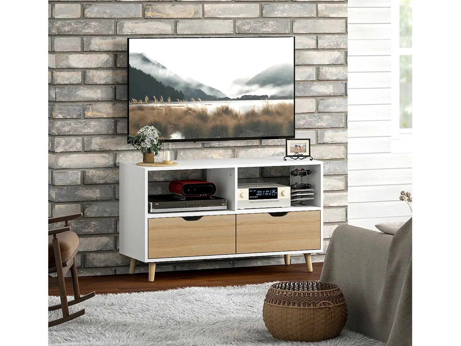 Discount Suporte baixo para TV com pés, estilo escandinavo, 2 gavetas, acabamento em carvalho claro e . Branco